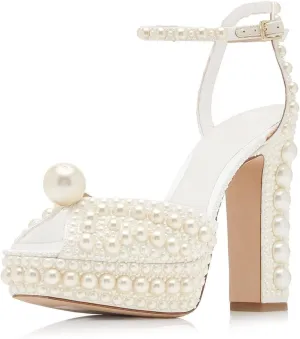 Goolita Womens Open Toe Pearl Platform Heels For Women Chunky Buckle Ankle Strap Wedding Heeled Sandals Dress Evening Bride Bridal Shoes