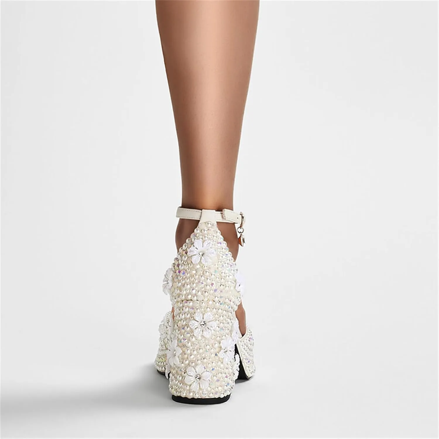 Goolita Womens Open Toe Pearl Platform Heels For Women Chunky Buckle Ankle Strap Wedding Heeled Sandals Dress Evening Bride Bridal Shoes