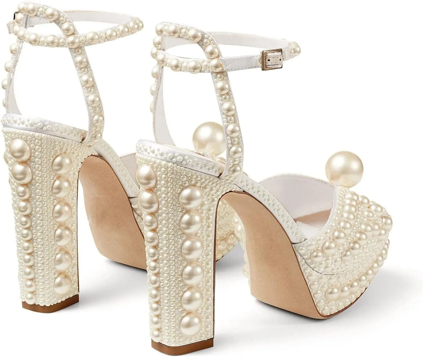 Goolita Womens Open Toe Pearl Platform Heels For Women Chunky Buckle Ankle Strap Wedding Heeled Sandals Dress Evening Bride Bridal Shoes