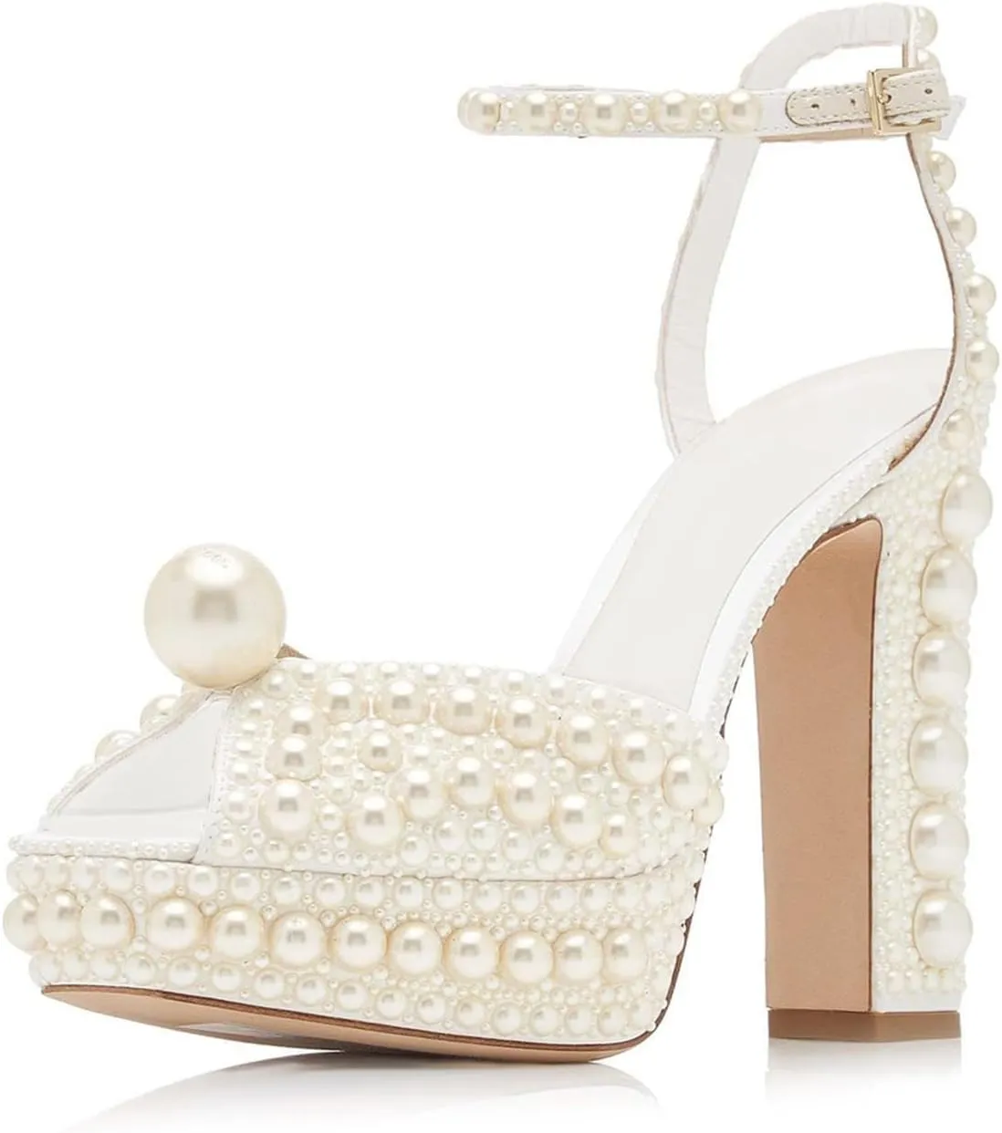 Goolita Womens Open Toe Pearl Platform Heels For Women Chunky Buckle Ankle Strap Wedding Heeled Sandals Dress Evening Bride Bridal Shoes