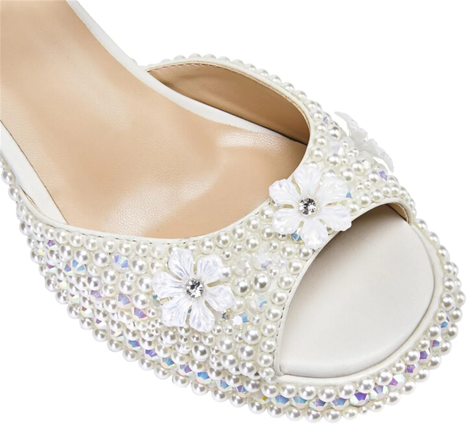 Goolita Womens Open Toe Pearl Platform Heels For Women Chunky Buckle Ankle Strap Wedding Heeled Sandals Dress Evening Bride Bridal Shoes