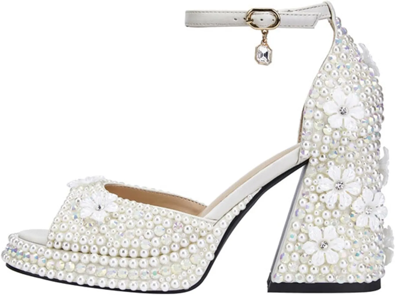 Goolita Womens Open Toe Pearl Platform Heels For Women Chunky Buckle Ankle Strap Wedding Heeled Sandals Dress Evening Bride Bridal Shoes