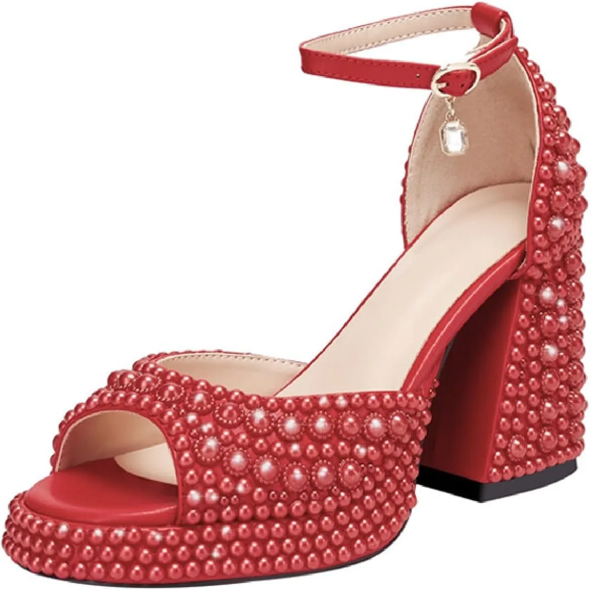 Goolita Womens Open Toe Pearl Platform Heels For Women Chunky Buckle Ankle Strap Wedding Heeled Sandals Dress Evening Bride Bridal Shoes
