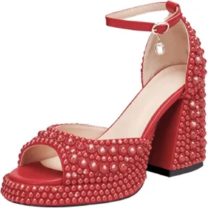 Goolita Womens Open Toe Pearl Platform Heels For Women Chunky Buckle Ankle Strap Wedding Heeled Sandals Dress Evening Bride Bridal Shoes