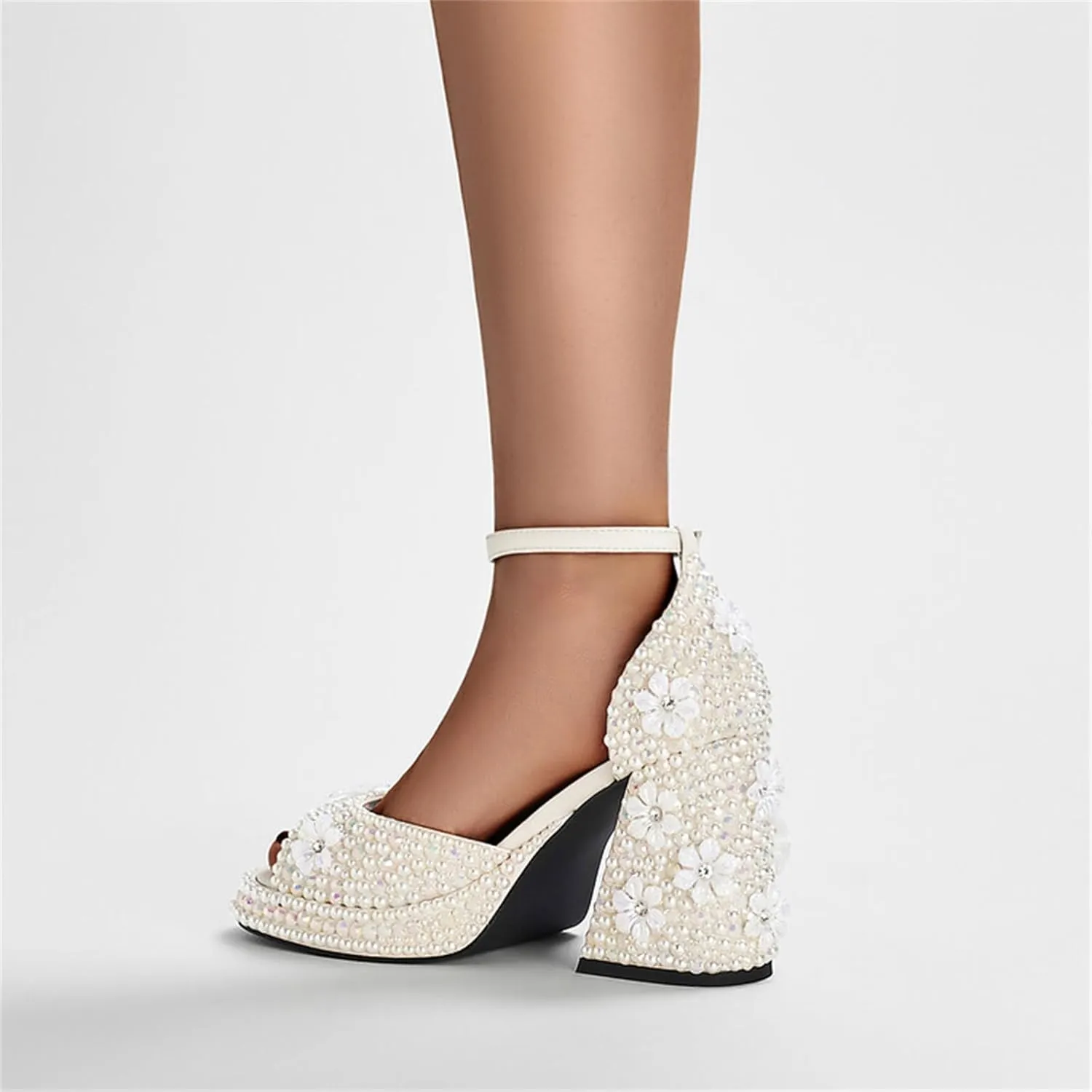 Goolita Womens Open Toe Pearl Platform Heels For Women Chunky Buckle Ankle Strap Wedding Heeled Sandals Dress Evening Bride Bridal Shoes