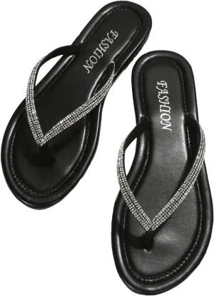 GORGLITTER Women's Rhinestone Sparkly Flat Sandals Open Toe Beach Slides Flip Flops