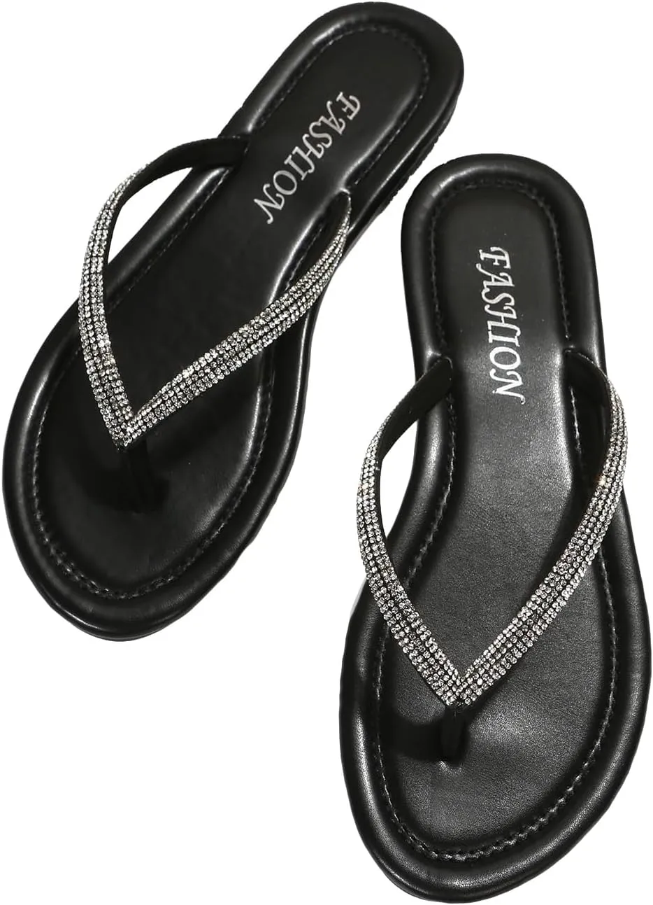 GORGLITTER Women's Rhinestone Sparkly Flat Sandals Open Toe Beach Slides Flip Flops