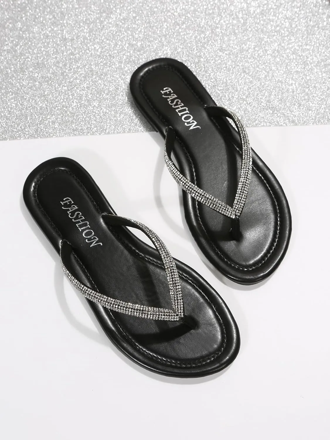 GORGLITTER Women's Rhinestone Sparkly Flat Sandals Open Toe Beach Slides Flip Flops