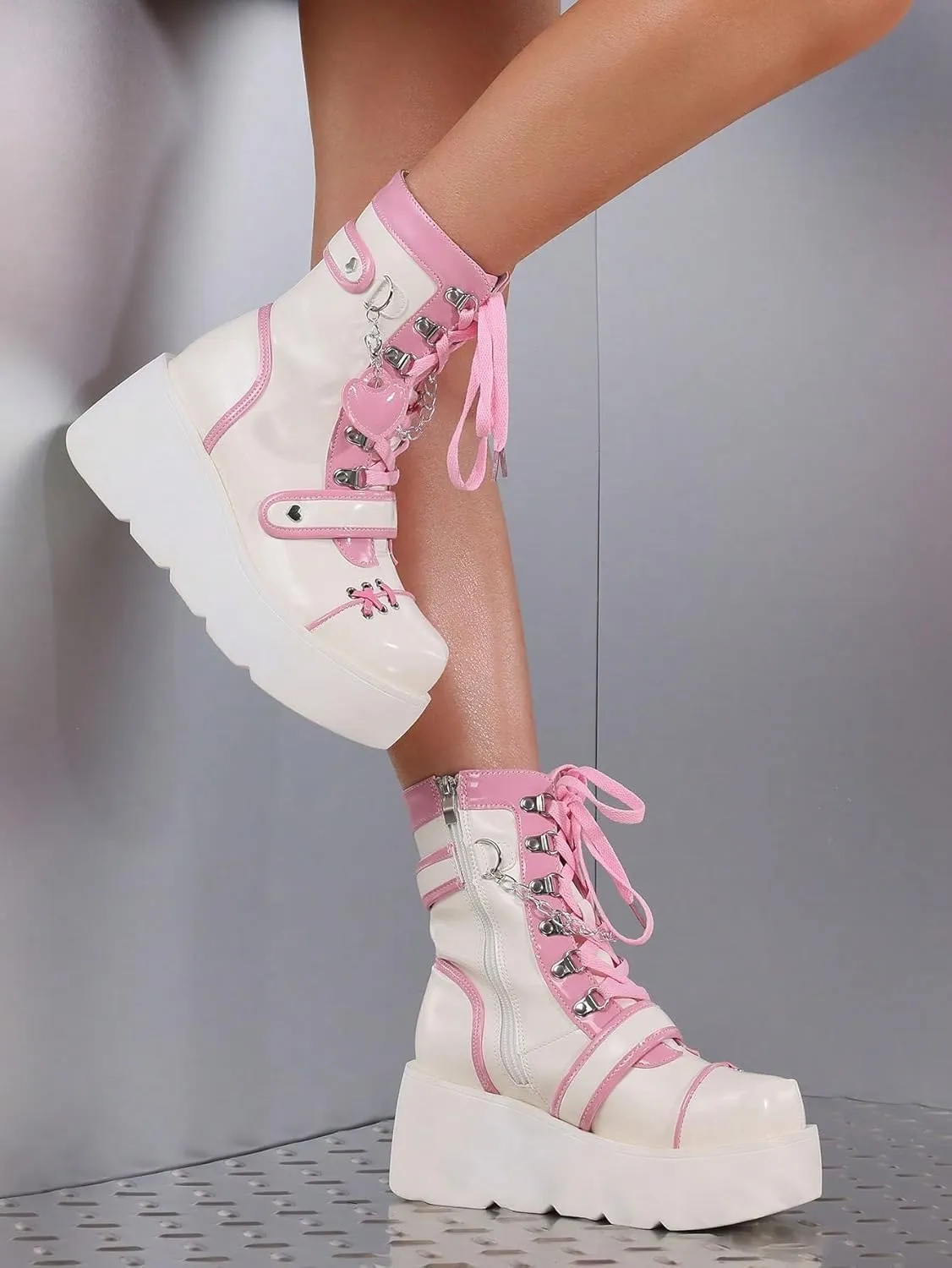 Goth Punk Women's Chain Platform Boots Platform Wedge Ankle Boots Goth Patent Lace Up Chain Strappy Booties Lace Up&Zipper Combat