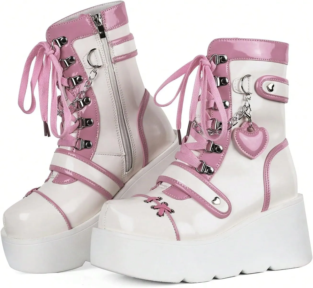 Goth Punk Women's Chain Platform Boots Platform Wedge Ankle Boots Goth Patent Lace Up Chain Strappy Booties Lace Up&Zipper Combat