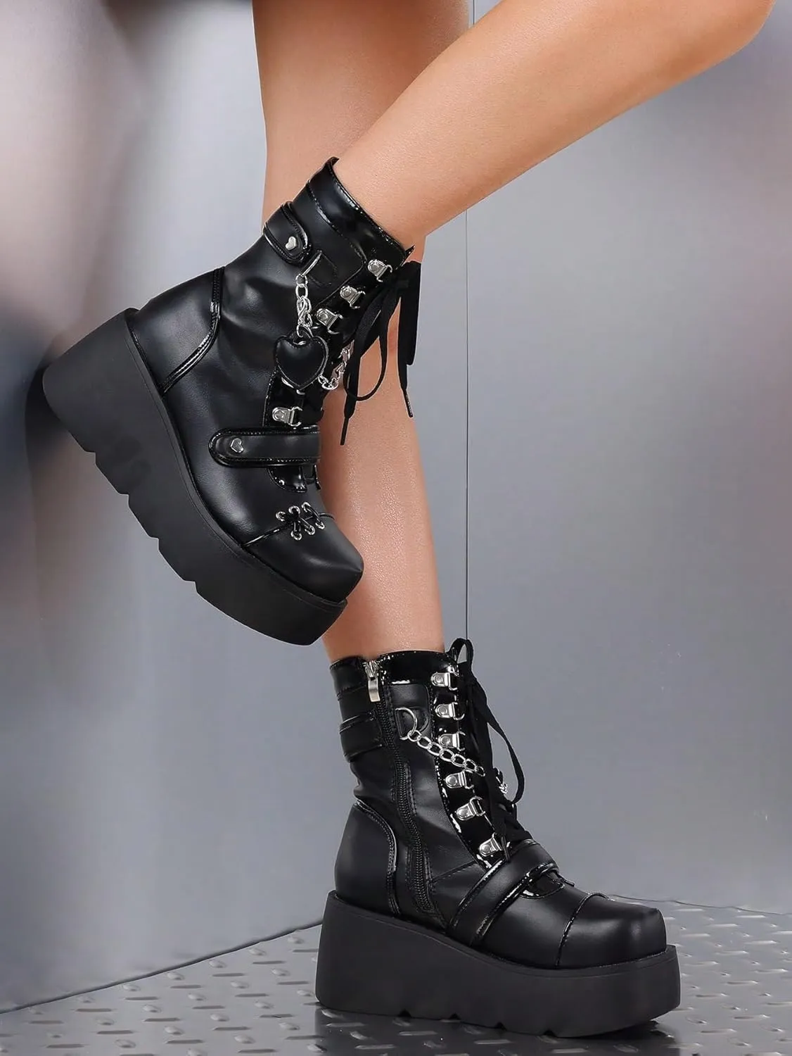 Goth Punk Women's Chain Platform Boots Platform Wedge Ankle Boots Goth Patent Lace Up Chain Strappy Booties Lace Up&Zipper Combat