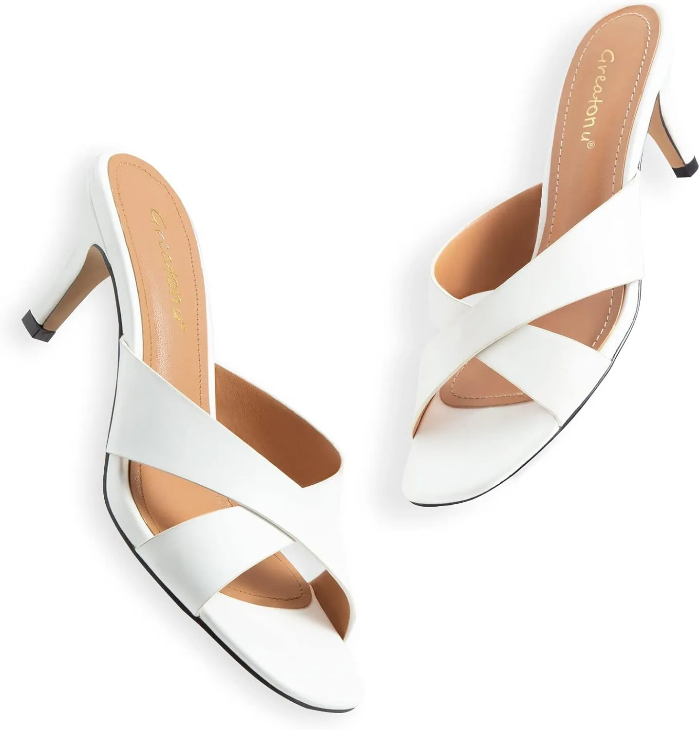 Greatonu Women's Square Toe Summer Heels Mules Cross Strap Slip on 2.5 Inch kitten Heeled Sandals
