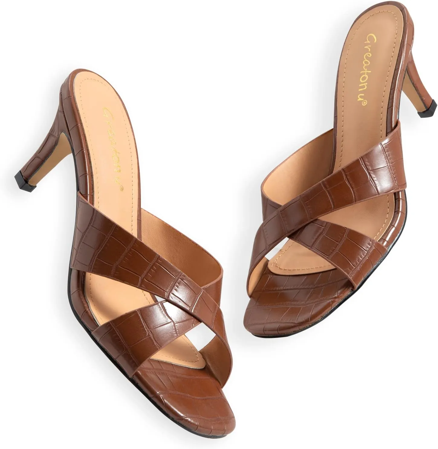 Greatonu Women's Square Toe Summer Heels Mules Cross Strap Slip on 2.5 Inch kitten Heeled Sandals
