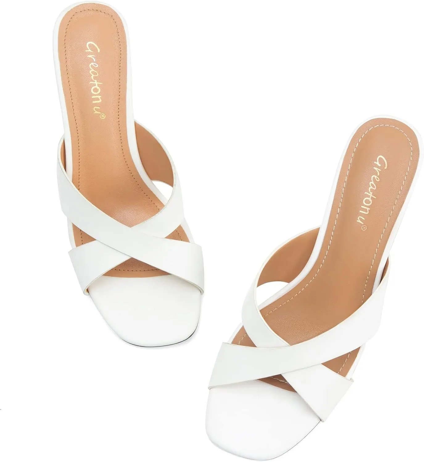 Greatonu Women's Square Toe Summer Heels Mules Cross Strap Slip on 2.5 Inch kitten Heeled Sandals