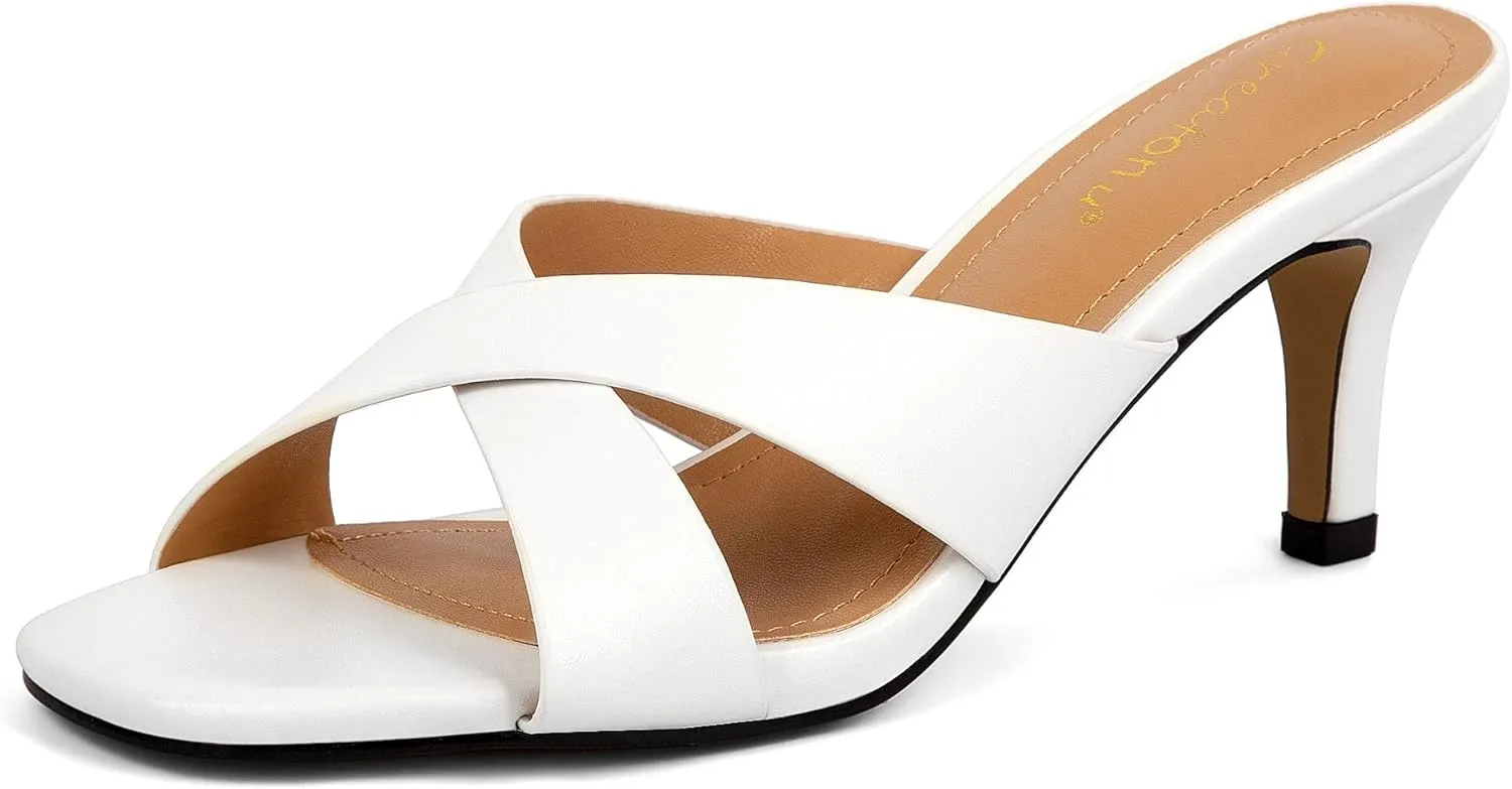 Greatonu Women's Square Toe Summer Heels Mules Cross Strap Slip on 2.5 Inch kitten Heeled Sandals