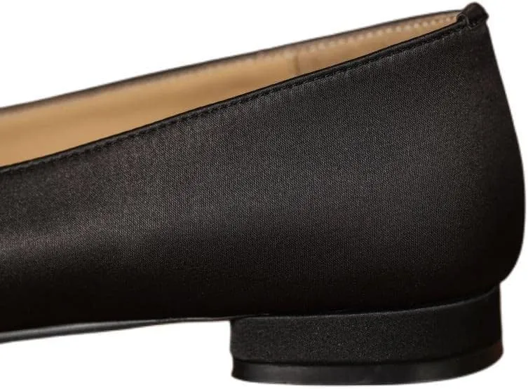 Handmade Women's Soft Satin Bow Slip On Square Toe Ballet Flats Shoes