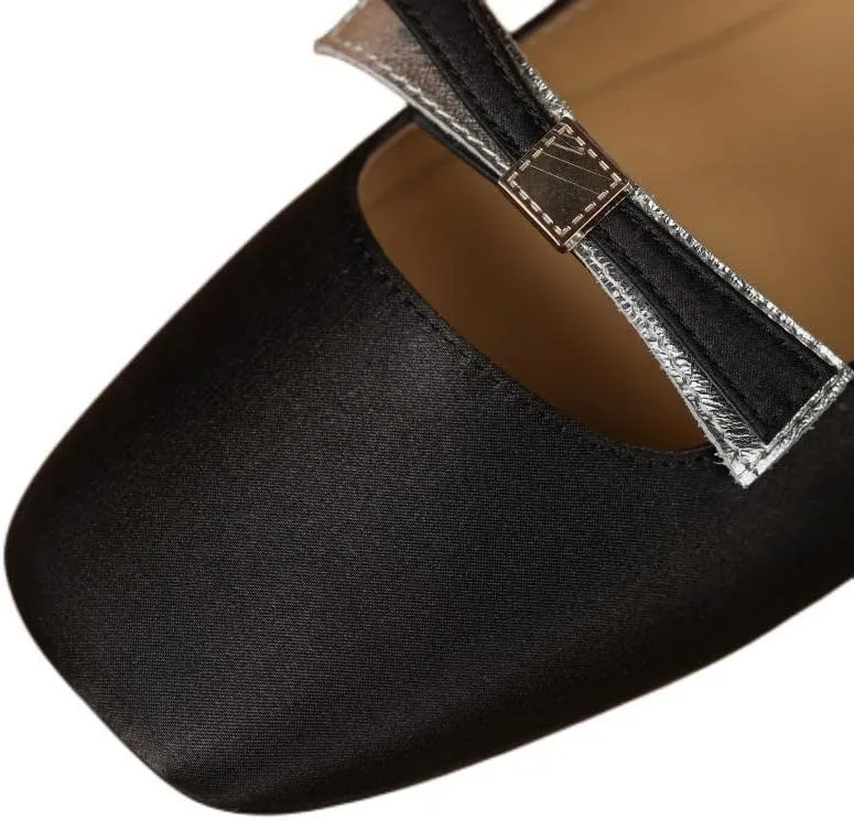 Handmade Women's Soft Satin Bow Slip On Square Toe Ballet Flats Shoes