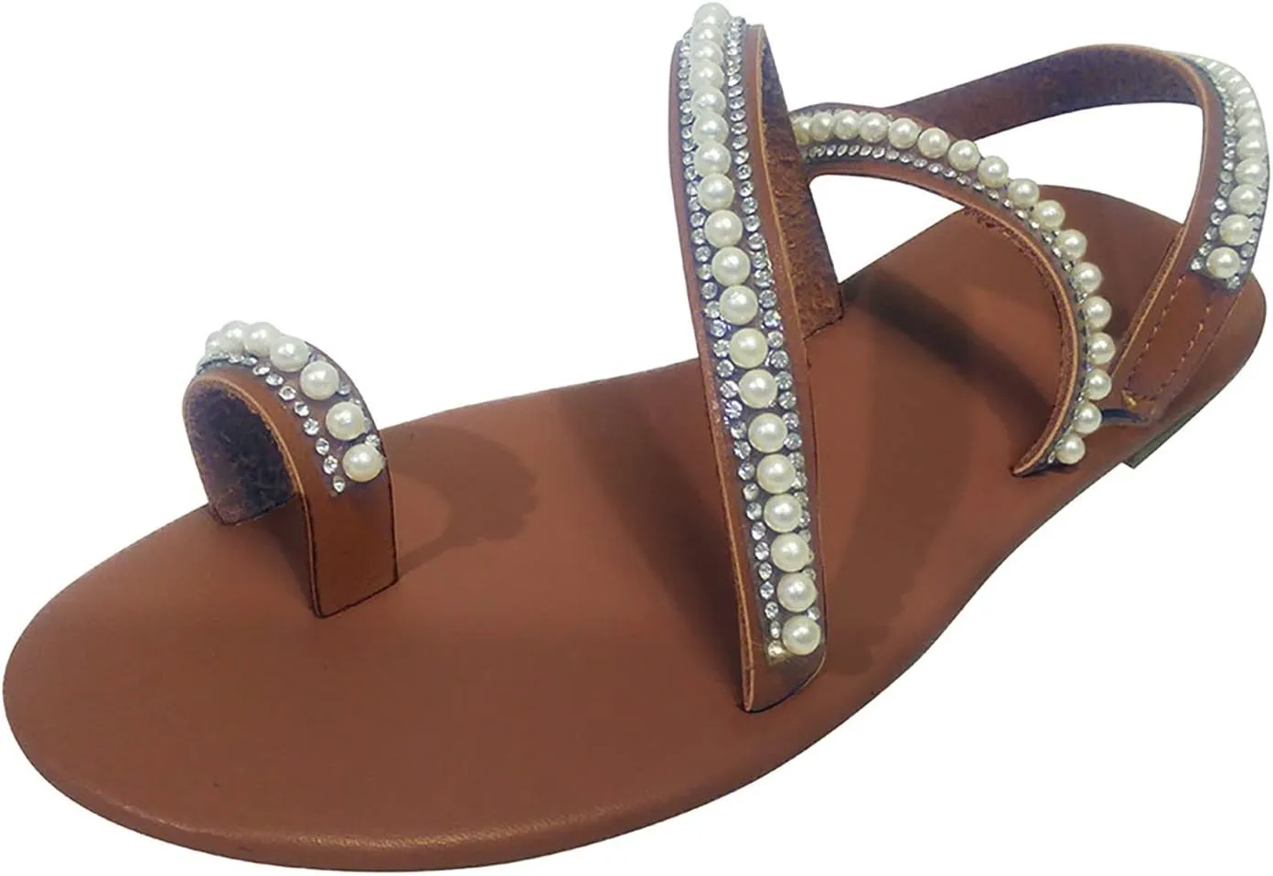 Hbeylia Wedding Sandals for Bride Womens Dressy Pearl Rhinestone Flats Clip Toe Summer Shoes Comfortable Slip On Flip Flop White Elegant Toe Ring Roman Sandal Casual Lace Floral Beach Shoes