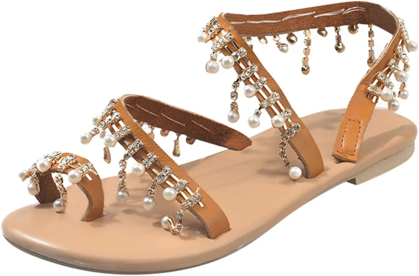 Hbeylia Wedding Sandals for Bride Womens Dressy Pearl Rhinestone Flats Clip Toe Summer Shoes Comfortable Slip On Flip Flop White Elegant Toe Ring Roman Sandal Casual Lace Floral Beach Shoes