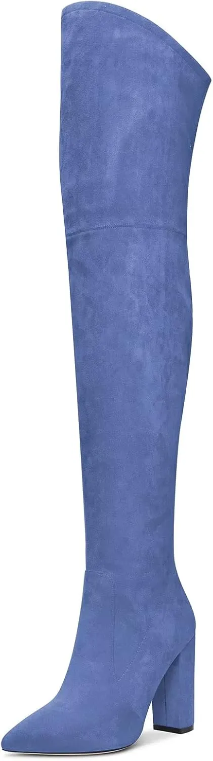 HDEUOLM Women Chunky Block High Heel Close Pointed Toe Over Above The Knee Boots Zipper Sexy Classic Shoes