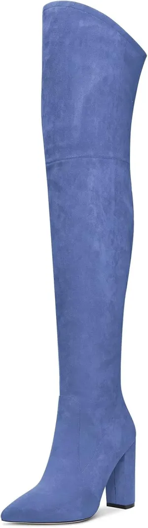 HDEUOLM Women Chunky Block High Heel Close Pointed Toe Over Above The Knee Boots Zipper Sexy Classic Shoes