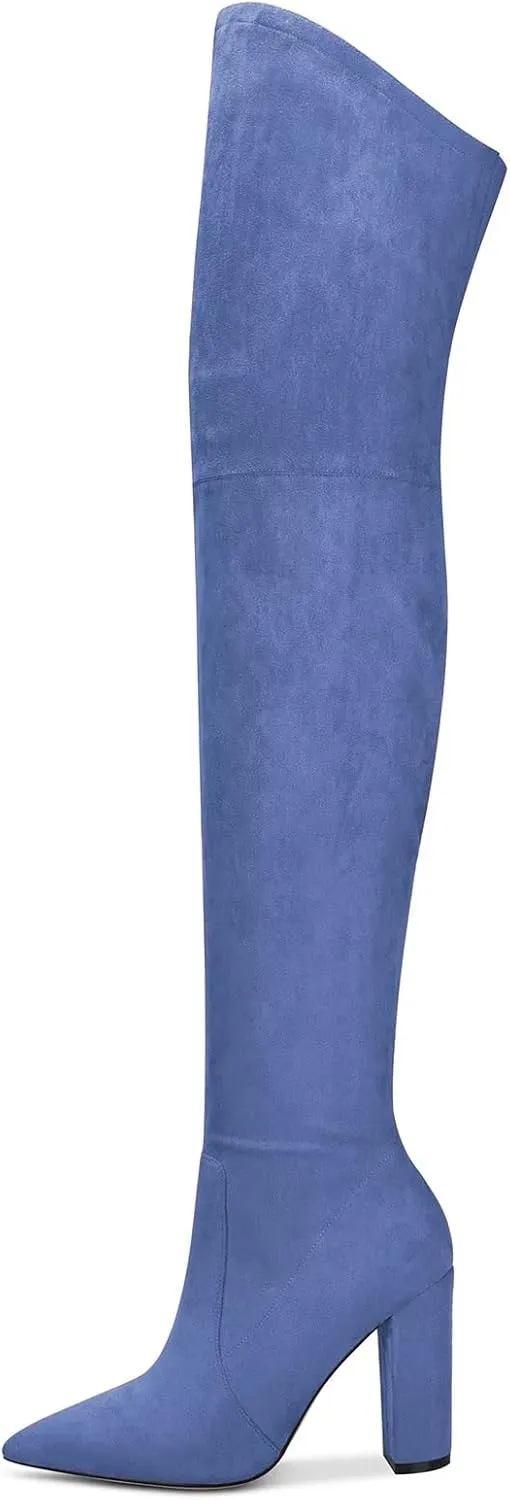 HDEUOLM Women Chunky Block High Heel Close Pointed Toe Over Above The Knee Boots Zipper Sexy Classic Shoes