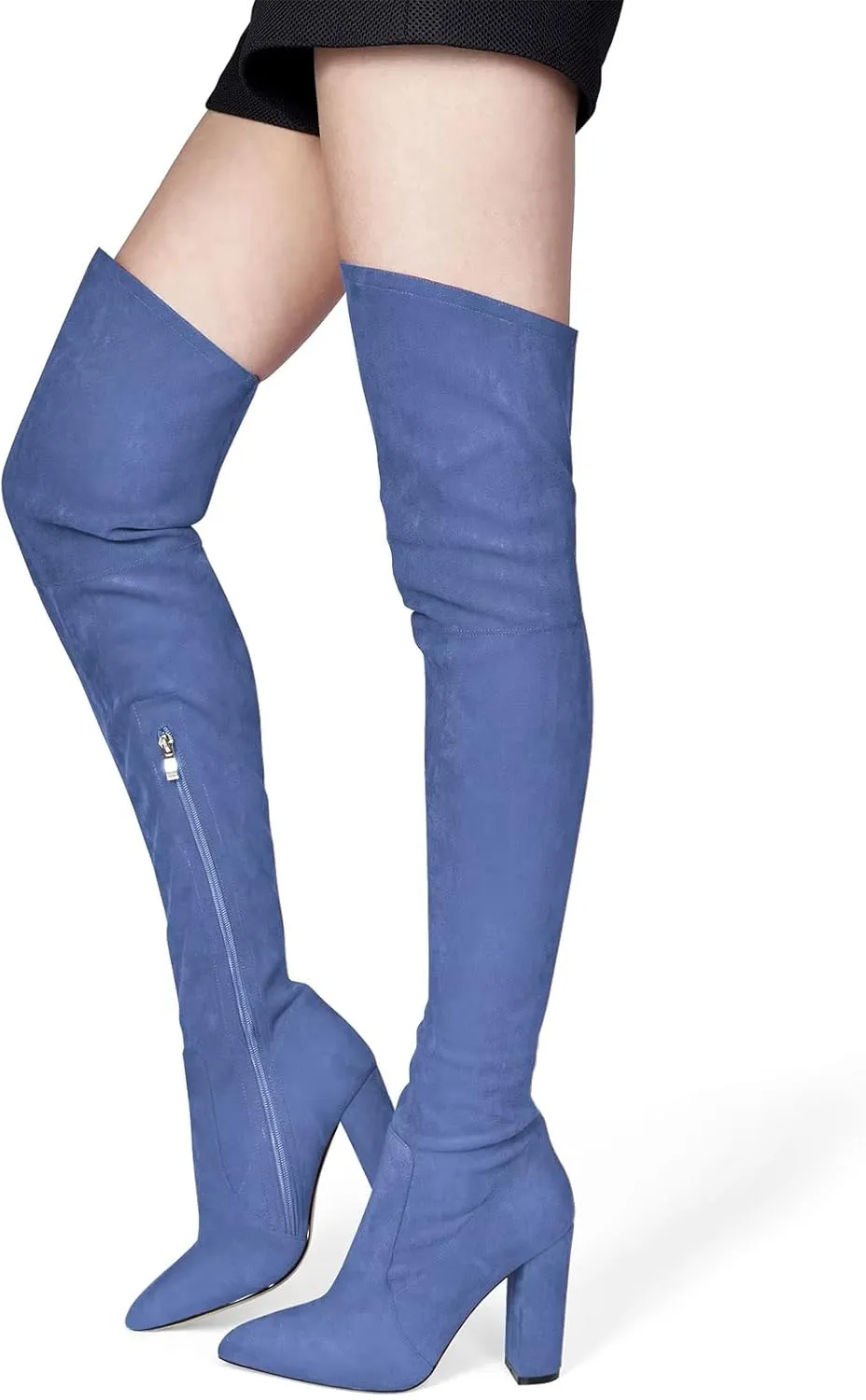 HDEUOLM Women Chunky Block High Heel Close Pointed Toe Over Above The Knee Boots Zipper Sexy Classic Shoes