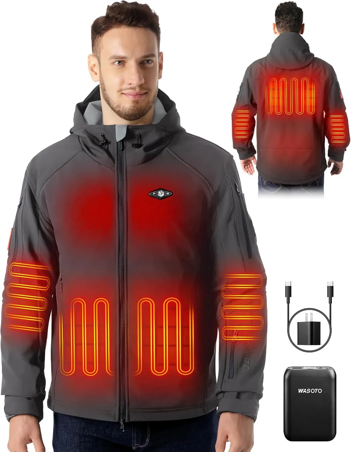 Heated Jackets for Men With 16000mAh Battery Pack Included Windproof Water Resistant Mens Heated Jacket with Foldable Hood (Grey, XL)
