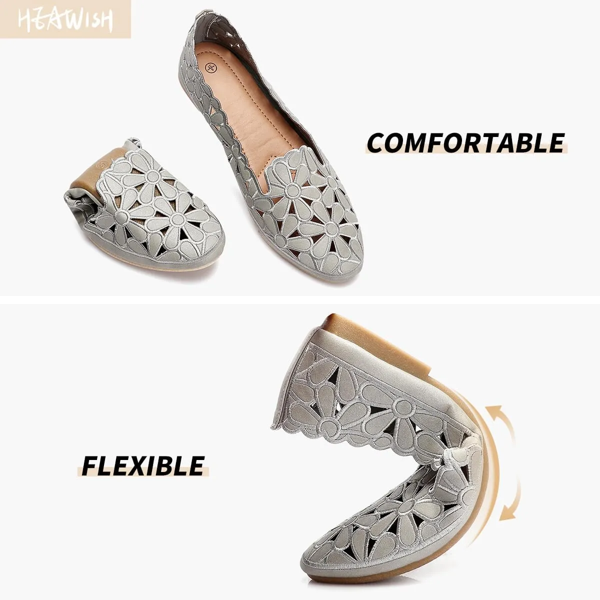 HEAWISH Women's Floral Ballet Flats for Women Black Beige Slip On Flowers PU Leather Round Toe Dress Shoes