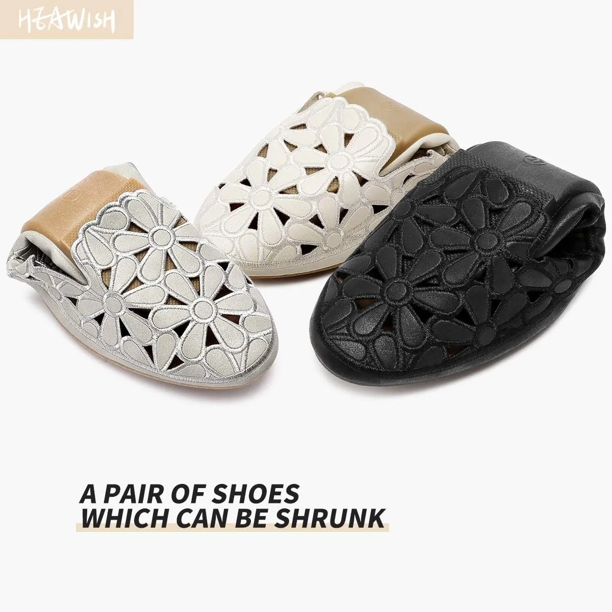 HEAWISH Women's Floral Ballet Flats for Women Black Beige Slip On Flowers PU Leather Round Toe Dress Shoes