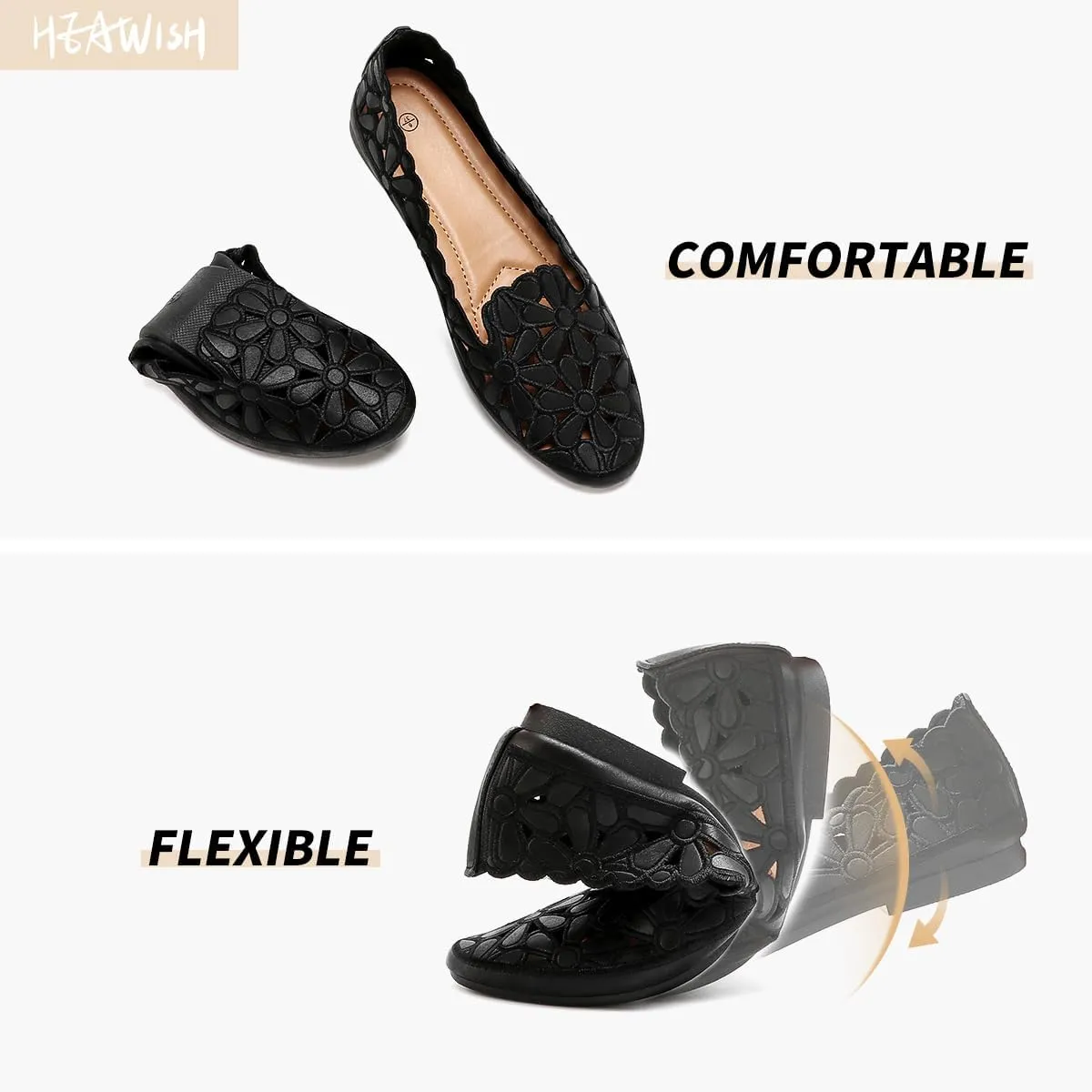 HEAWISH Women's Floral Ballet Flats for Women Black Beige Slip On Flowers PU Leather Round Toe Dress Shoes
