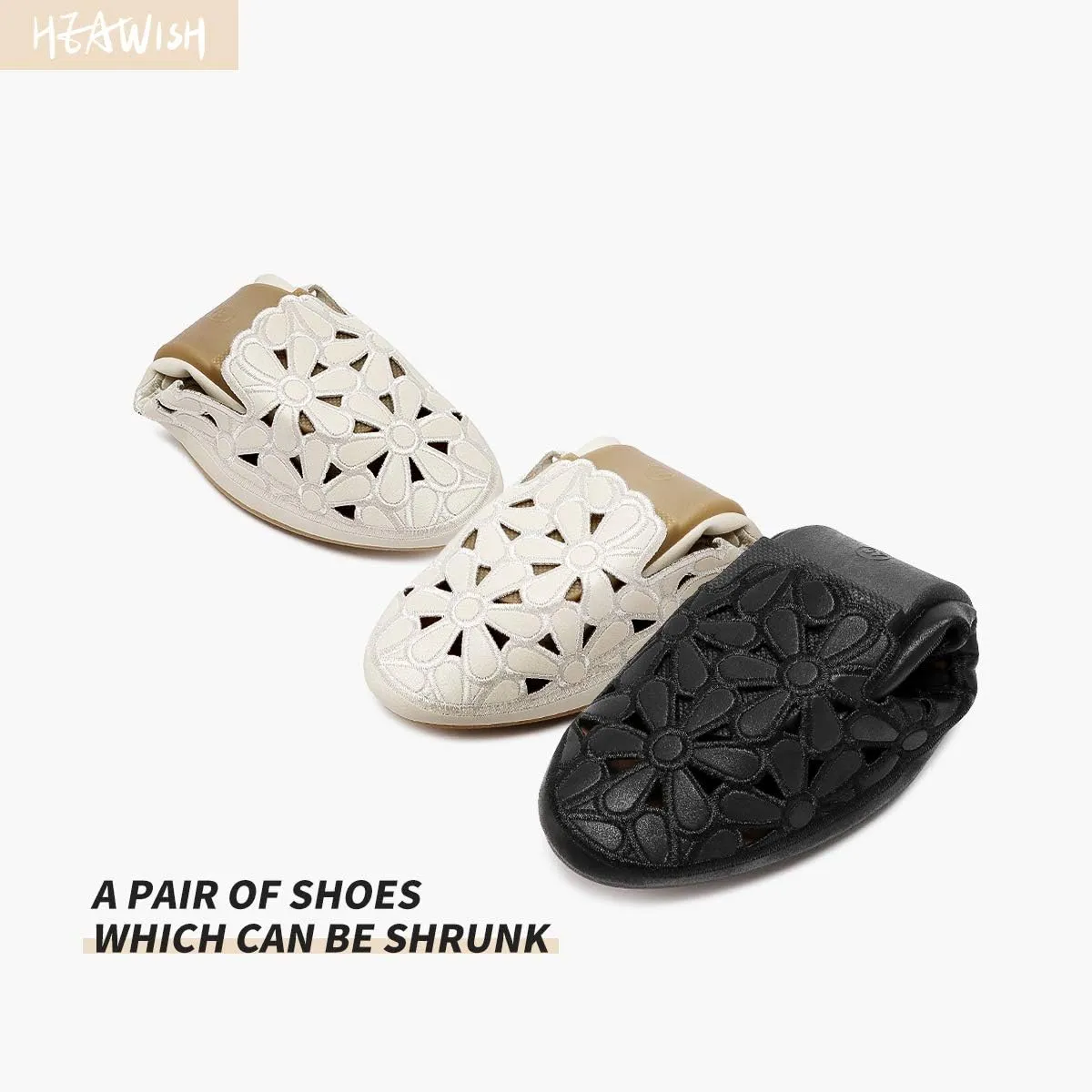 HEAWISH Women's Floral Ballet Flats for Women Black Beige Slip On Flowers PU Leather Round Toe Dress Shoes