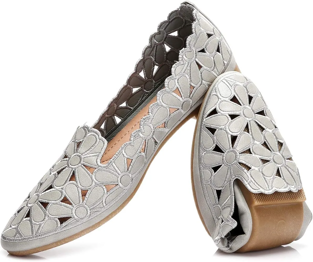 HEAWISH Women's Floral Ballet Flats for Women Black Beige Slip On Flowers PU Leather Round Toe Dress Shoes