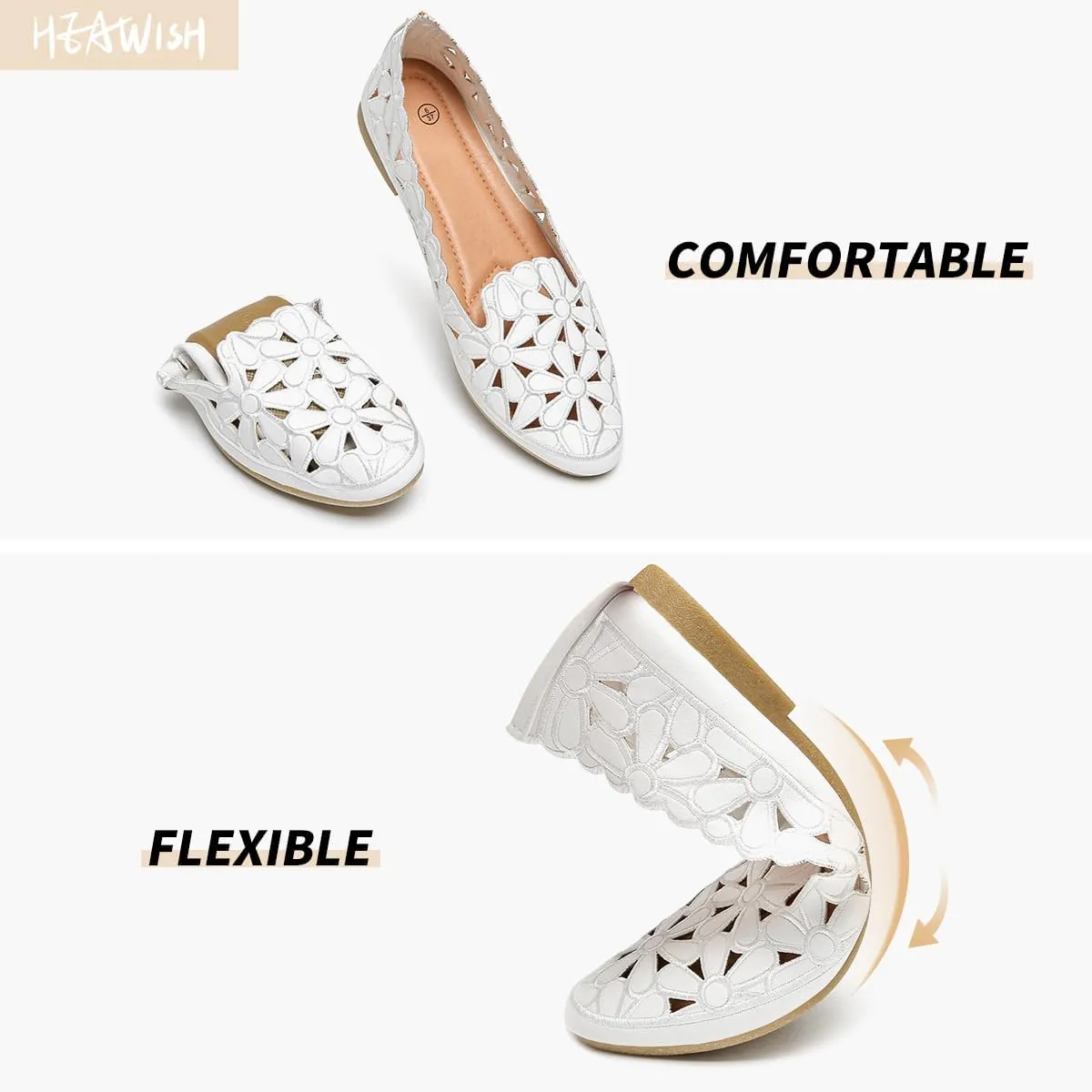 HEAWISH Women's Floral Ballet Flats for Women Black Beige Slip On Flowers PU Leather Round Toe Dress Shoes