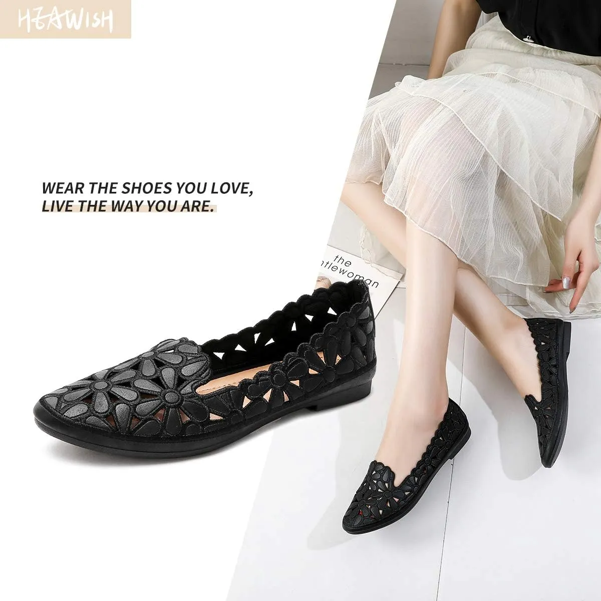 HEAWISH Women's Floral Ballet Flats for Women Black Beige Slip On Flowers PU Leather Round Toe Dress Shoes