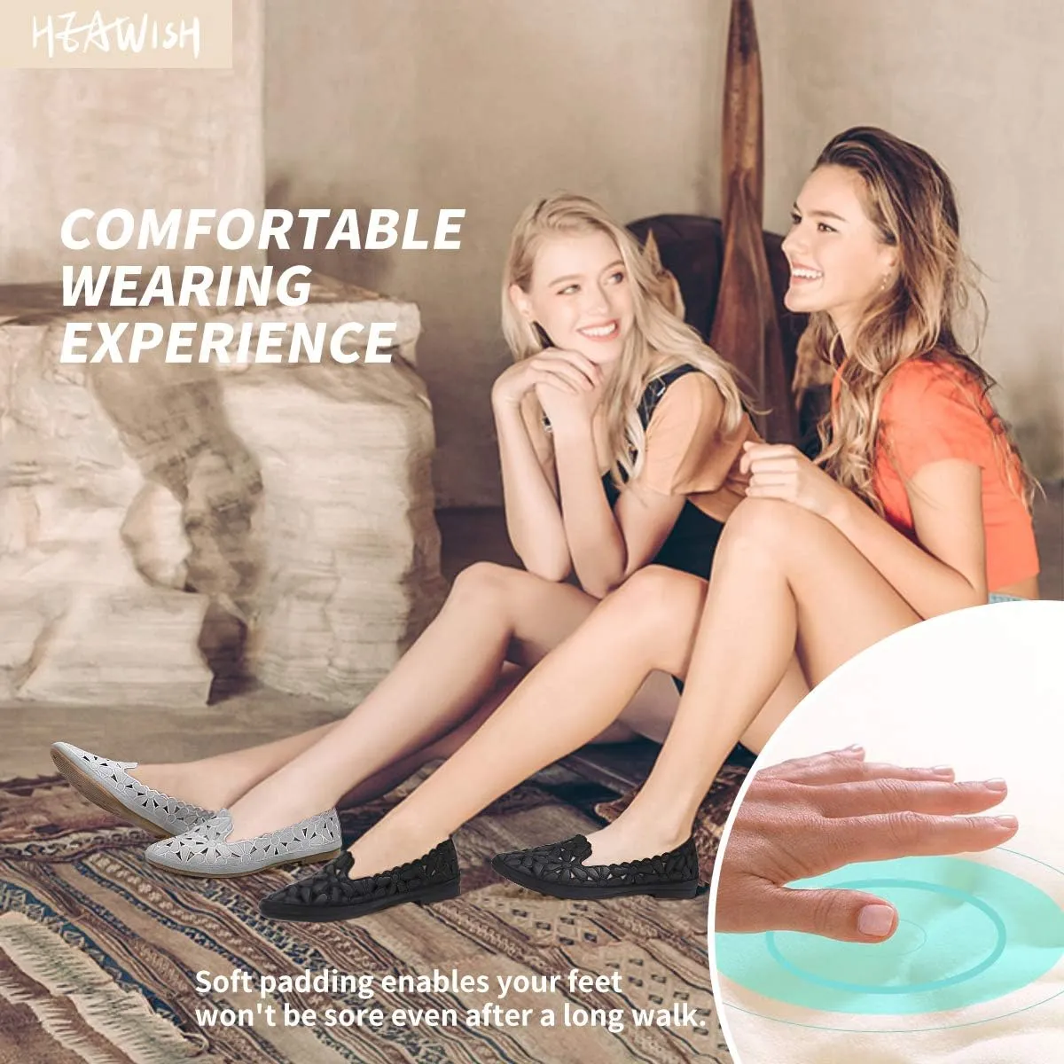 HEAWISH Women's Floral Ballet Flats for Women Black Beige Slip On Flowers PU Leather Round Toe Dress Shoes