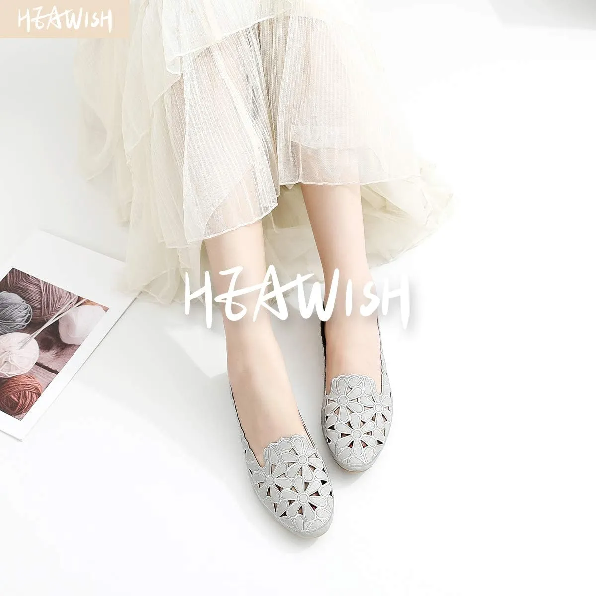 HEAWISH Women's Floral Ballet Flats for Women Black Beige Slip On Flowers PU Leather Round Toe Dress Shoes