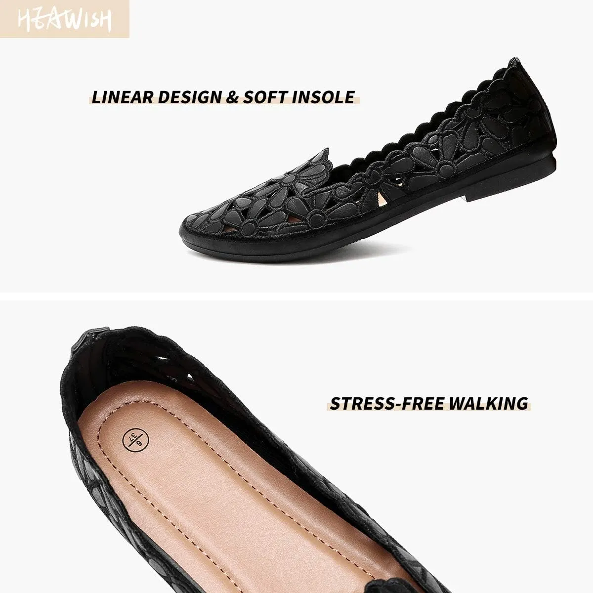 HEAWISH Women's Floral Ballet Flats for Women Black Beige Slip On Flowers PU Leather Round Toe Dress Shoes