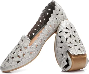 HEAWISH Women's Floral Ballet Flats for Women Black Beige Slip On Flowers PU Leather Round Toe Dress Shoes