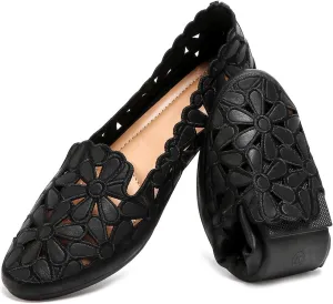 HEAWISH Women's Floral Ballet Flats for Women Black Beige Slip On Flowers PU Leather Round Toe Dress Shoes