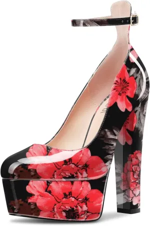 HEUIVZAR Women High Platform Chunky Block Heel Close Toe Pumps Ankle Strap Party Dress 5.9 Inches Heels