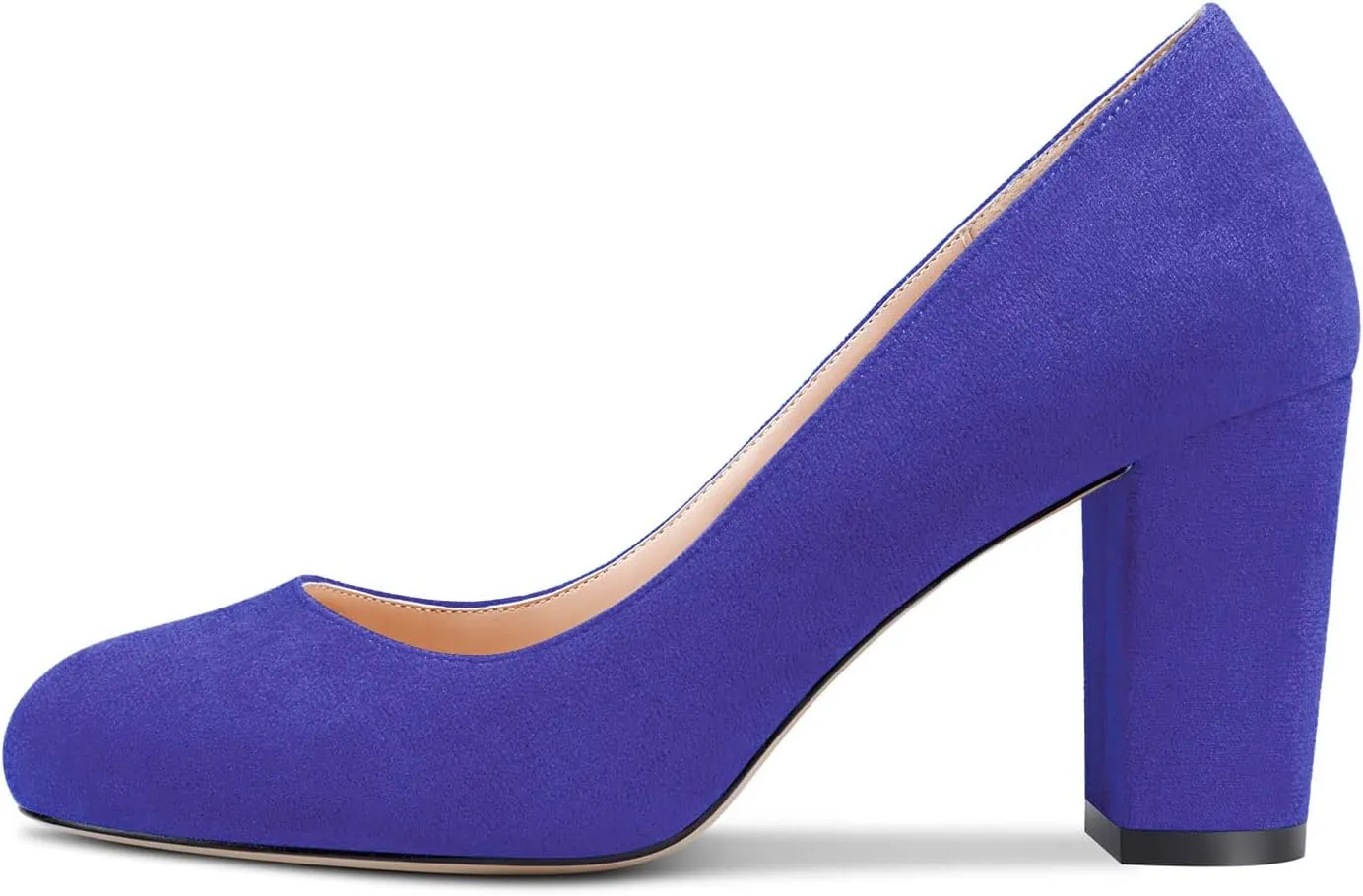 HEUIVZAR Women Pumps Round Toe Block Chunky Mid Heel Slip-on Dress Shoes Suede 3 Inch