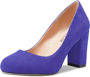 HEUIVZAR Women Pumps Round Toe Block Chunky Mid Heel Slip-on Dress Shoes Suede 3 Inch