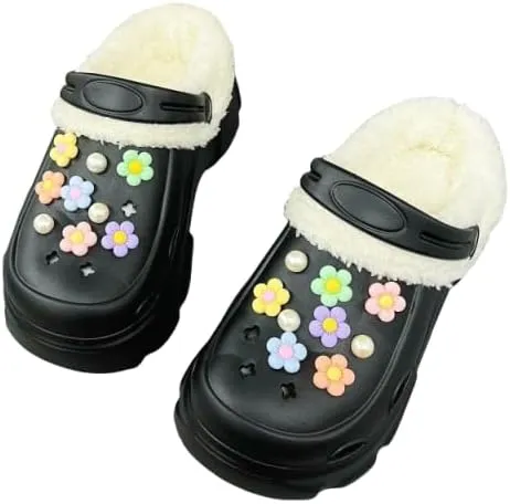 Hhhchpm Solid Color Thermal Lined Clogs, Slip On Soft Sole Platform Non-Slip Fuzzy Shoes, Winter Plush Closed Toe Shoes