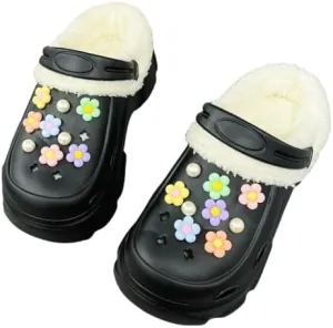 Hhhchpm Solid Color Thermal Lined Clogs, Slip On Soft Sole Platform Non-Slip Fuzzy Shoes, Winter Plush Closed Toe Shoes