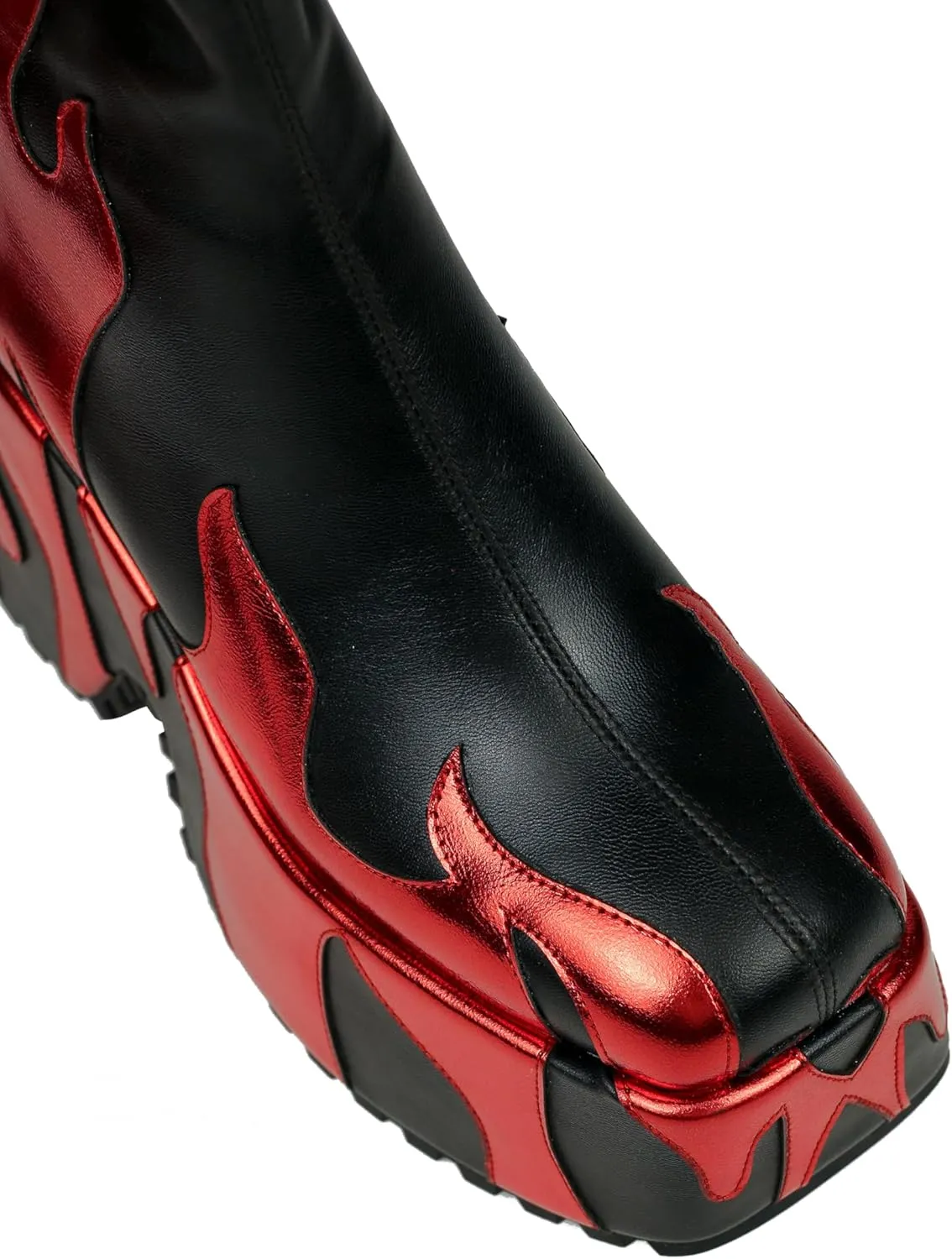 HiColor Women's Side Zipper High Heeled Flames Printing Chunky Sole Boots - Red - Women's Size - Casual Chic - Halloween - Cosplay