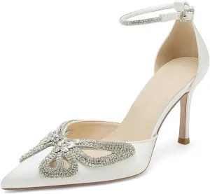 High Heel Wedding Shoes for Bride Closed Toe Bridal Heels Rhinestones Butterfly Prom Evening Party Shoes