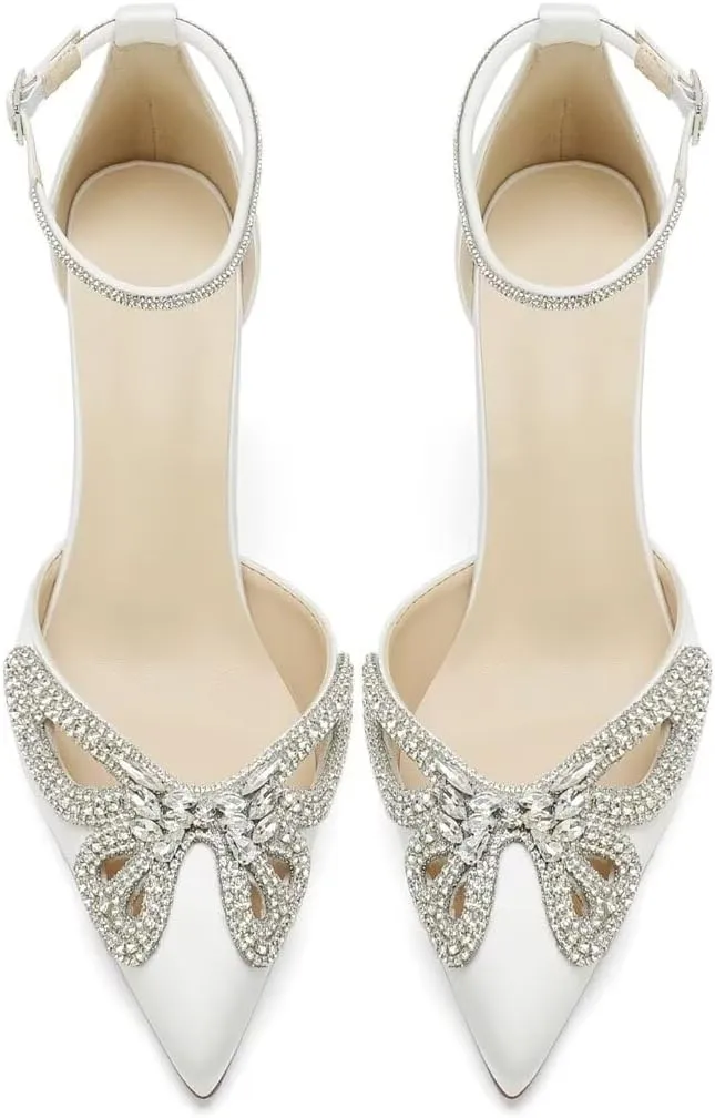 High Heel Wedding Shoes for Bride Closed Toe Bridal Heels Rhinestones Butterfly Prom Evening Party Shoes