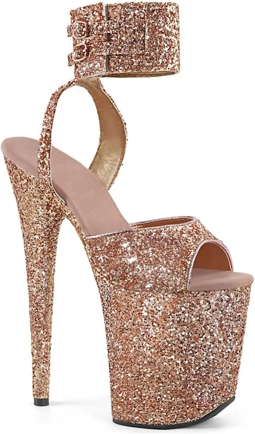 High Heels Women's Platform Stiletto Peep Toe Pump Sandals Double Buckle Belt Shiny Party Pole Dance Shoes 20cm