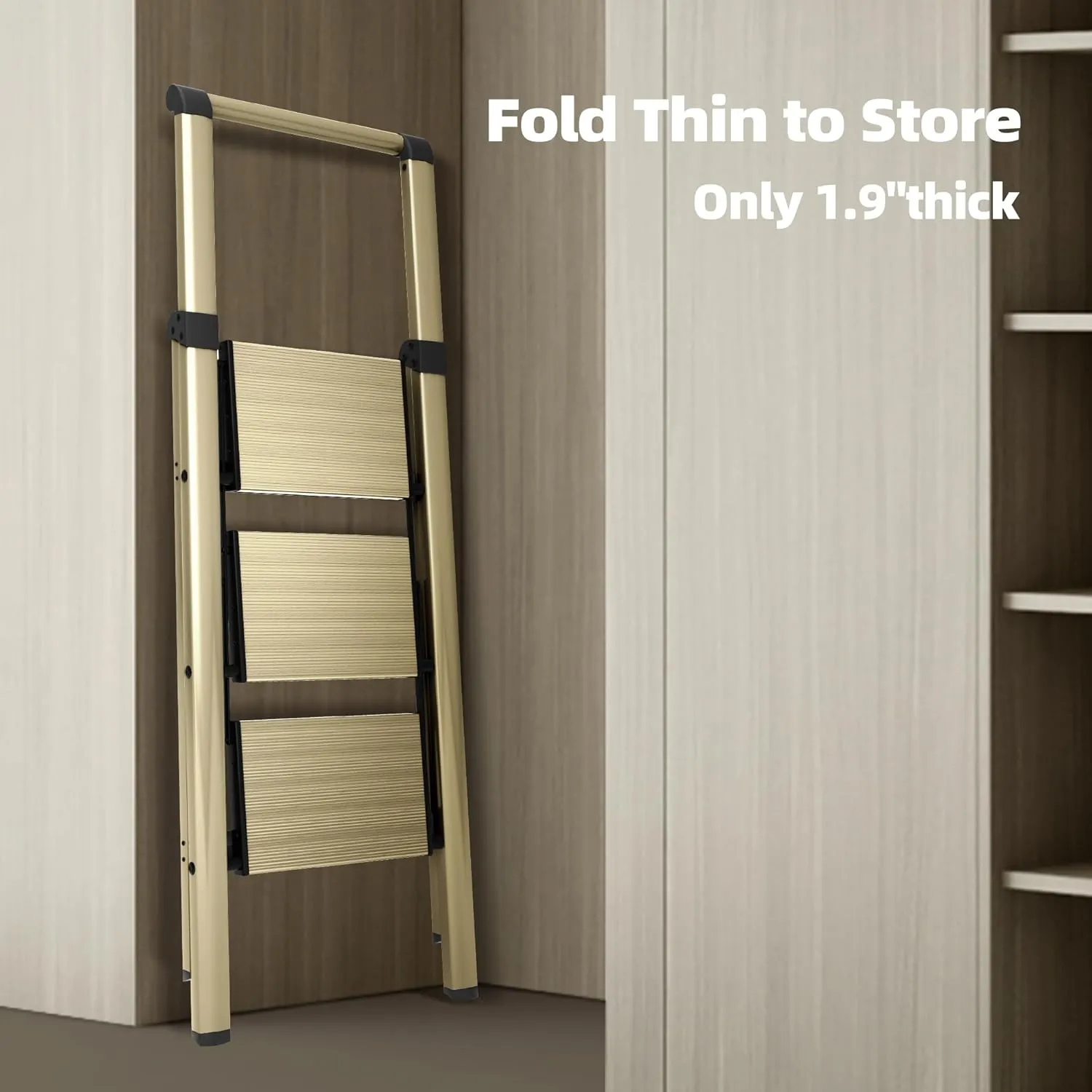 HillhutApex 3 Step Foldable Aluminum Step Ladder with Handgrip, Anti-Slip Pedal, 330 lbs Capacity, Lightweight & Portable for Home, Kitchen, Office, Garage (Gold)